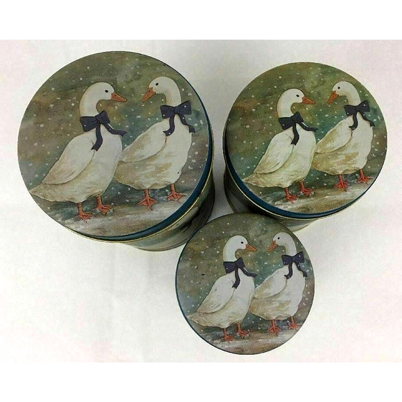 Set 3 Nesting Metal Tin Box Container Lidded Winter Ducks Ribbons Snow Gift - Picture 2 of 7